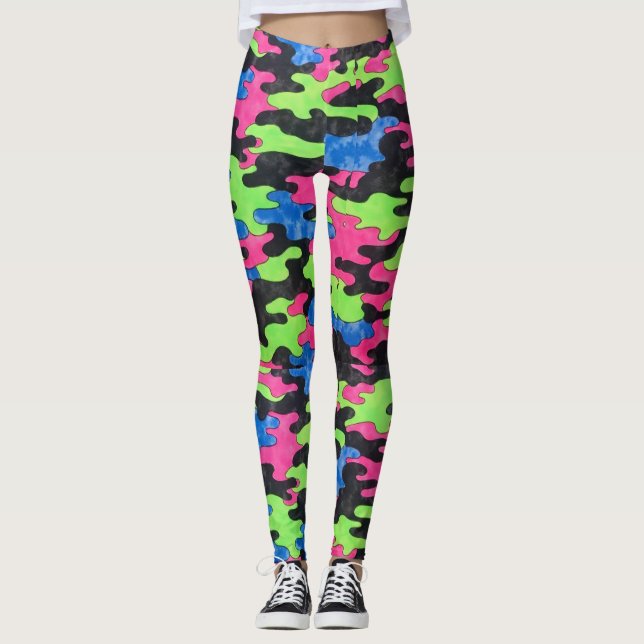 Black Blue Grönt Rosa Camouflage Stil Leggings (Framsida)