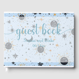 Black Blue Guld Celestial Sol Måne Stars Bröllop Gästböcker