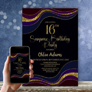 Black Blue Guld Glitter Surprise 16:e födelsedagen Inbjudningar