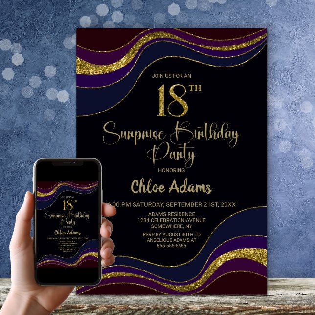 Black Blue Guld Glitter Surprise 18:e födelsedagen Inbjudningar (Skapare uppladdad)
