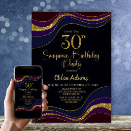 Black Blue Guld Glitter Surprise 30års födelsedag Inbjudningar