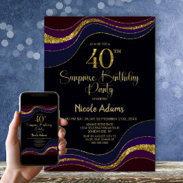 Black Blue Guld Glitter Surprise 40:e födelsedagen Inbjudningar