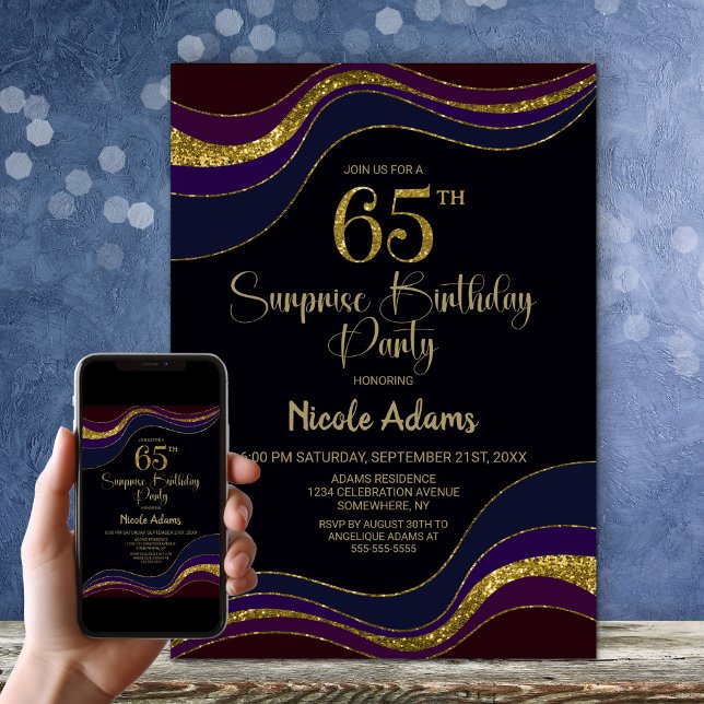 Black Blue Guld Glitter Surprise 65e Birthday Inbjudningar (Skapare uppladdad)