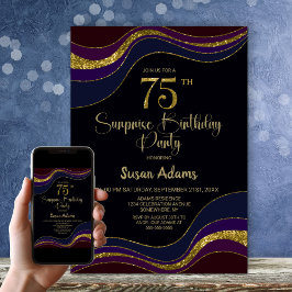 Black Blue Guld Glitter Surprise 75:e födelsedag Inbjudningar