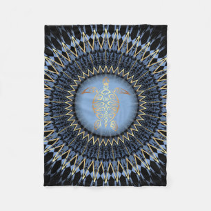 Black Blue Guld Mandala Turtle Coastal Fleecefilt