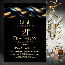 Black Blue Guld Surprise 21:a födelsedagen Party Inbjudningar