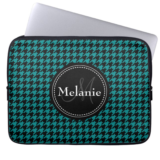 Black Blue Houndstooth Monogrammed Mönster Laptop Sleeve (Framsidan)