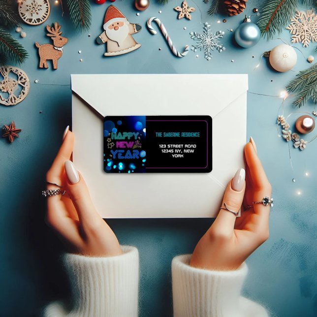 Black & Blue Midnight Sparkle Neon Glow New Year  Adressetikett (Skapare uppladdad)