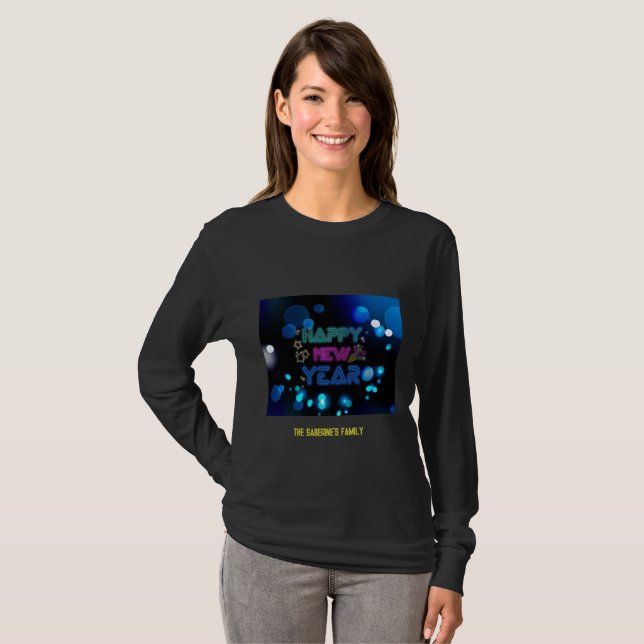 Black & Blue Midnight Sparkle Neon Glow New Year  T Shirt (Hel framsida)