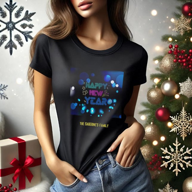 Black & Blue Midnight Sparkle Neon Glow New Year  T Shirt (Skapare uppladdad)