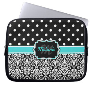 Black Blue Monogrammed Damask Polka Punkt Laptop Sleeve