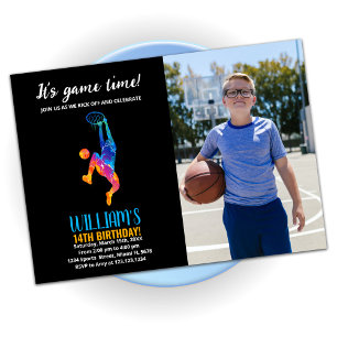 Black Blue Orange Basketball Birthday med foto Inbjudningar