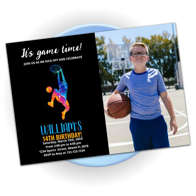 Black Blue Orange Basketball Birthday med foto Inbjudningar (Skapare uppladdad)