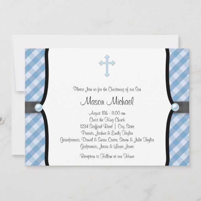 Black Blue Pearl Kor Blue Gingham Christening Inbjudningar (Framsida)