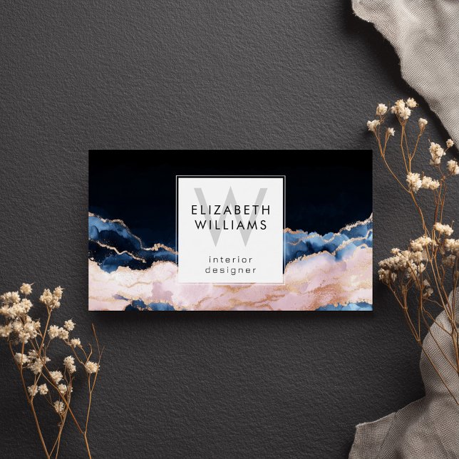 Black Blue Pink Rose Gold Monogram Business Cards Visitkort (Skapare uppladdad)
