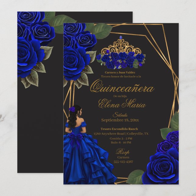 Black Blue Ro Guld Princess Quinceañera Inbjudningar (Fram/baksida)