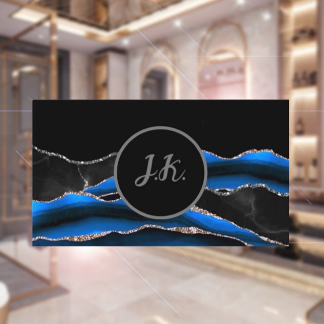 Black Blue Silver Initialer Agate Glam Marble Visitkort (Skapare uppladdad)