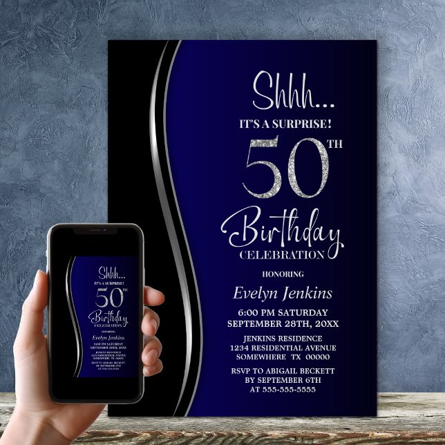 Black Blue Surprise 50:e födelsedagen Inbjudningar (Skapare uppladdad)