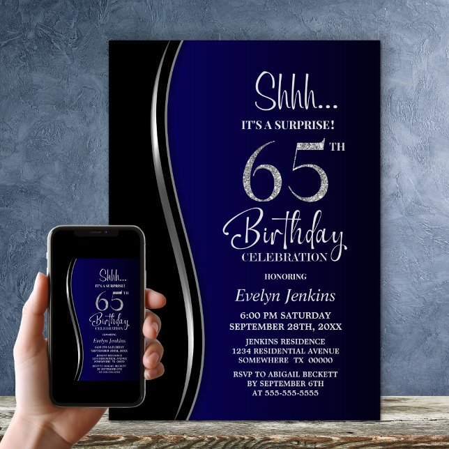 Black Blue Surprise 65e Birthday Inbjudningar (Skapare uppladdad)