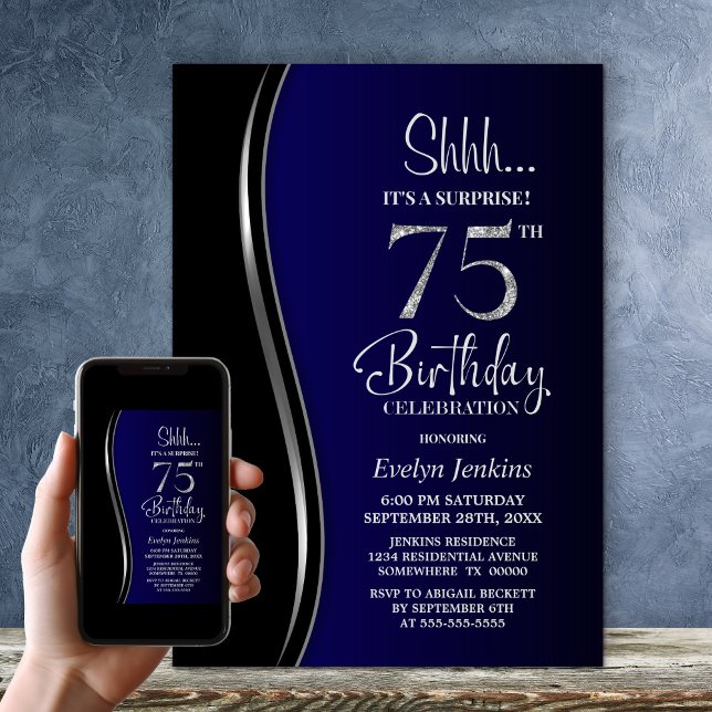 Black Blue Surprise 75:e Birthday Inbjudningar (Skapare uppladdad)