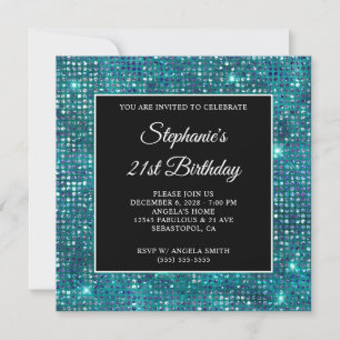 Black Blue Teal Diamond Studed Foil 21:a födelseda Inbjudningar