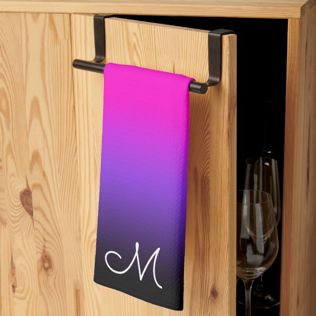 Black Blue Violet and Neon Rosa Ombre Monogram Kökshandduk (Thirds Fold)