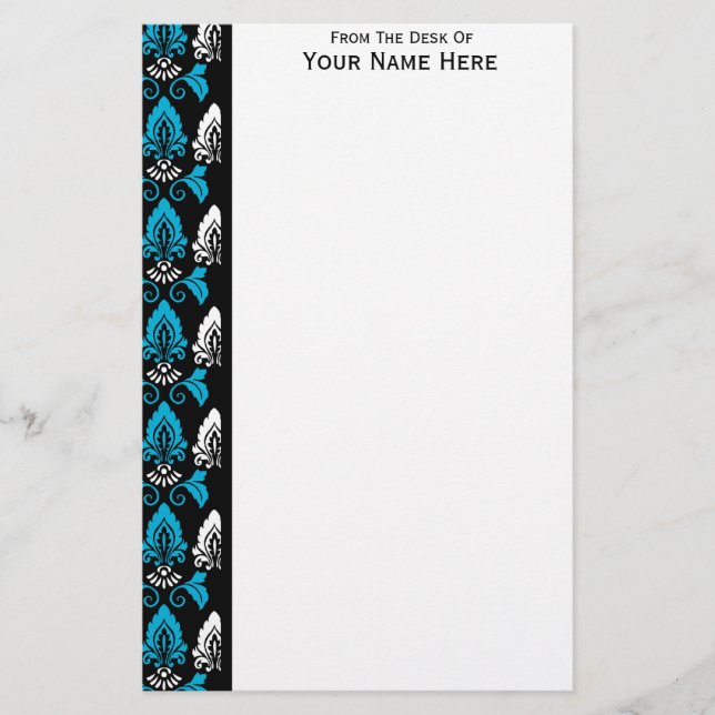Black Blue White Damask Gräns Brevpapper (Framsida)