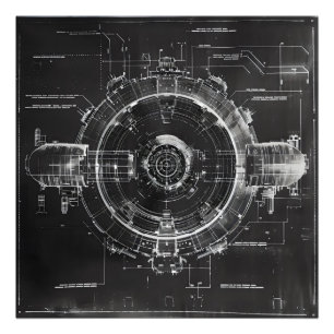 Black Blueprint Sci-Fi Space Station Fototryck