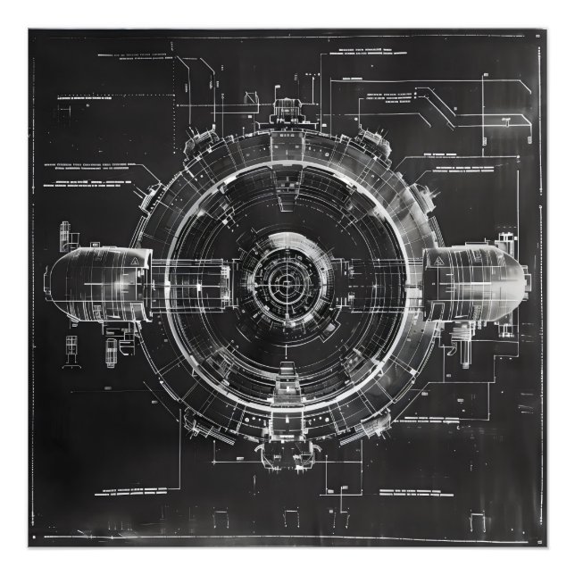 Black Blueprint Sci-Fi Space Station Fototryck (Framsidan)