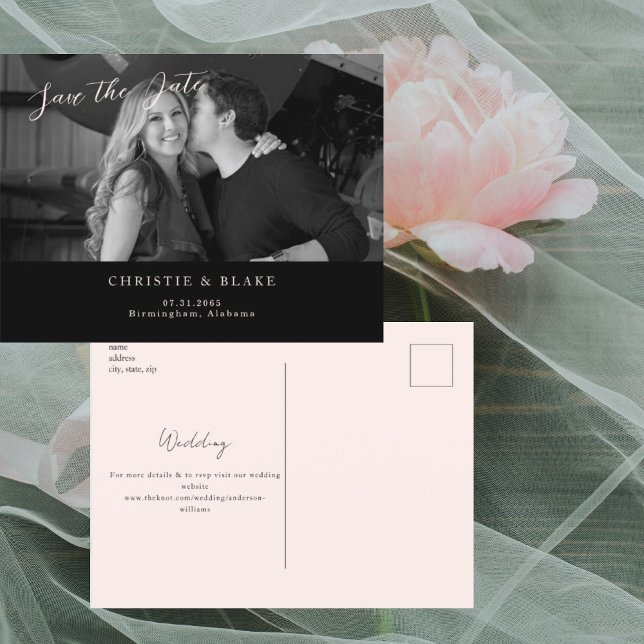 Black & Blush B/W Photo Save the Date Postcard Vykort (Skapare uppladdad)