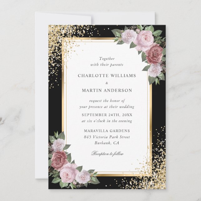 Black Blush Gold Frame Confetti Floral Wedding Inbjudningar (Framsida)