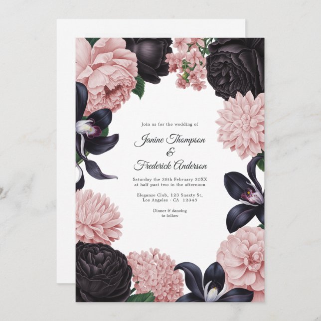 Black & Blush Photo/QR Code Floral Wedding Inbjudningar (Fram/baksida)