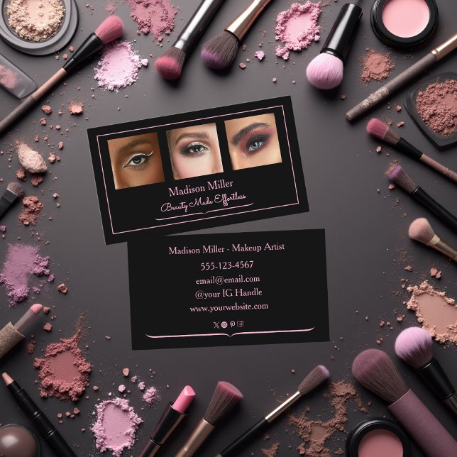 Black Blush Pink Typography Photo Makeup Business Visitkort (Skapare uppladdad)