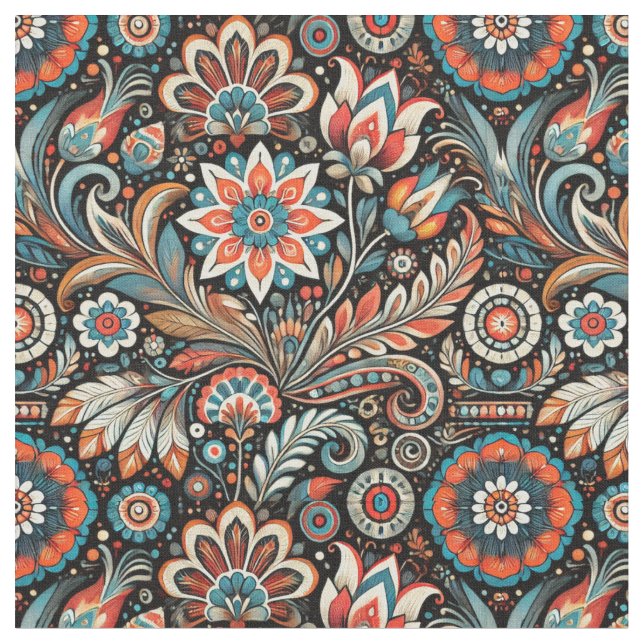 Black Bohemian Blommigt Fabric Tyg (Närbild)