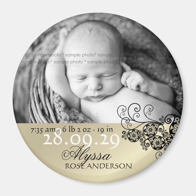 Black Boho Blommigt Paisley Birth Announcement Pho Magnet (Framsidan)