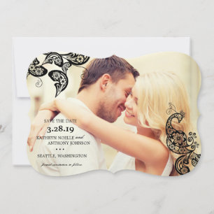 Black Boho Blommigt Peacock Photo Save Date Card Spara Datumet