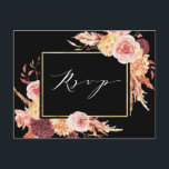 Black Boho Burgundy Terracotta Flower Bröllop OSA Vykort<br><div class="desc">Detta bröllop OSA vykort innehåller roliga vattenfärgblommor i terracotta,  brinnande,  bränd orange,  gult,   rosa med beige och brunt pampasgräs och en guld-rektangel ram. Om du vill ha en mer avancerad anpassning av den här designen klickar du på länken "anpassa ytterligare". Matchande objekt är också tillgängliga.</div>