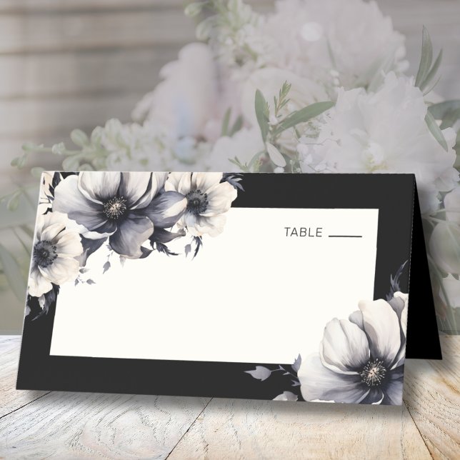 Black Boho Chic Blommigt Bröllop Placeringskort (Black Floral Wedding Place Card)