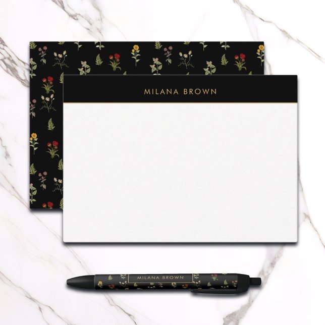Black Boho Chic Wildblomma Mönster Anteckningskort (Skapare uppladdad)