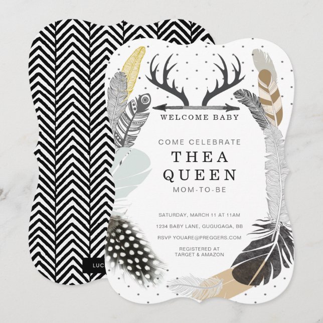 Black Boho Feather Baby Shower Inbjudan (Fram/baksida)