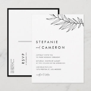 Black Boho minimalist Foliage Bröllop Inbjudan Vykort
