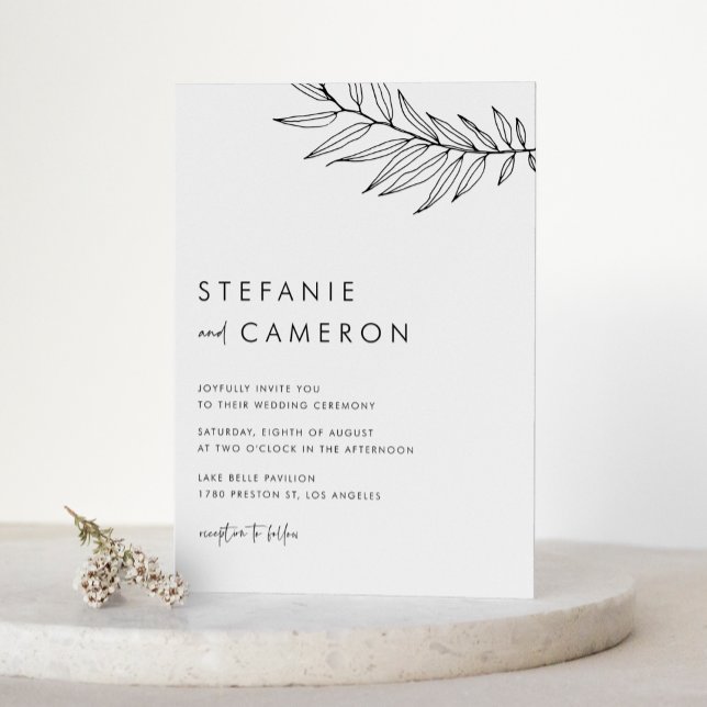 Black Boho minimalist Foliage Bröllop Inbjudningar (Black Boho Minimalist Foliage Wedding Invitation)