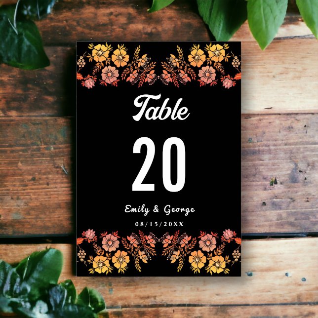 Black Boho Neon Ro Romantic Blommigt Bröllop Bordsnummer (Skapare uppladdad)