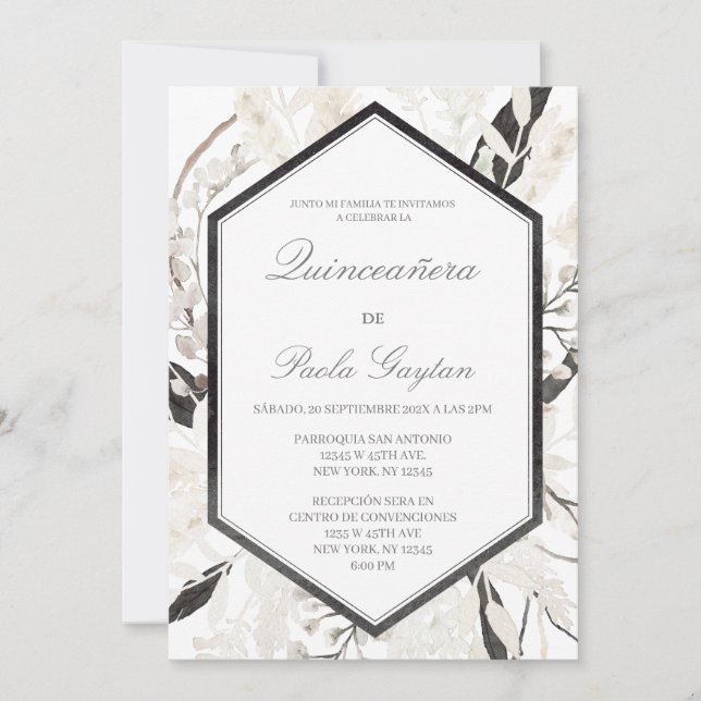 Black boho quinceañera en español inbjudningar (Framsida)