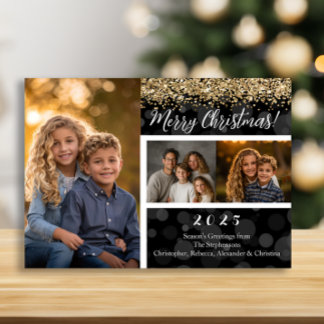 Black Bokeh Guld Glitter 3-Photo God jul Julkort