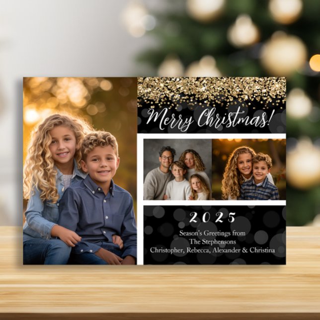Black Bokeh Guld Glitter 3-Photo God jul Julkort (Black Bokeh Gold Glitter 3-Photo Merry Christmas Holiday Card)