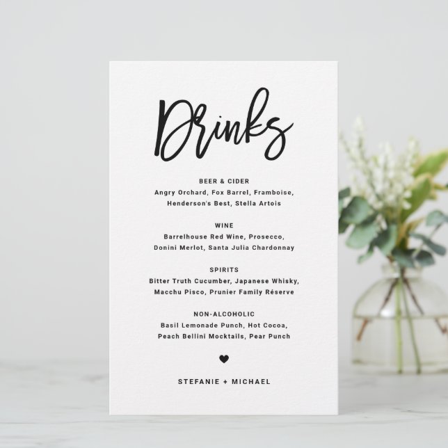 Black Bold Modern Calligraphy Bröllop Drinks Menu (Stående Fram)