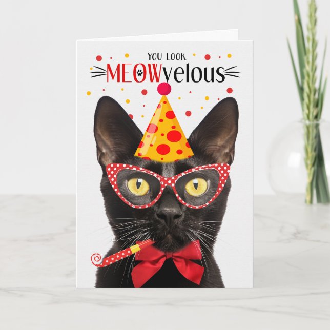 Black Bombay Cat MEOWvelous Birthday Kort (Framsida)