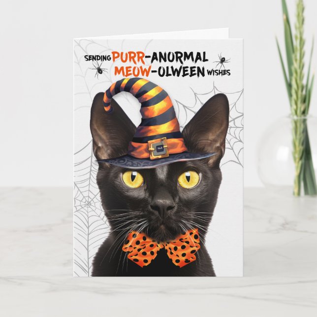 Black Bombay Halloween Cat PURRanormal MEOWolween Helgkort (Framsida)