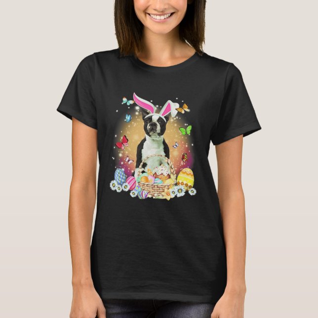 Black Boston Terrier Dog Bunny Easter Eggs Basket  T Shirt (Framsida)